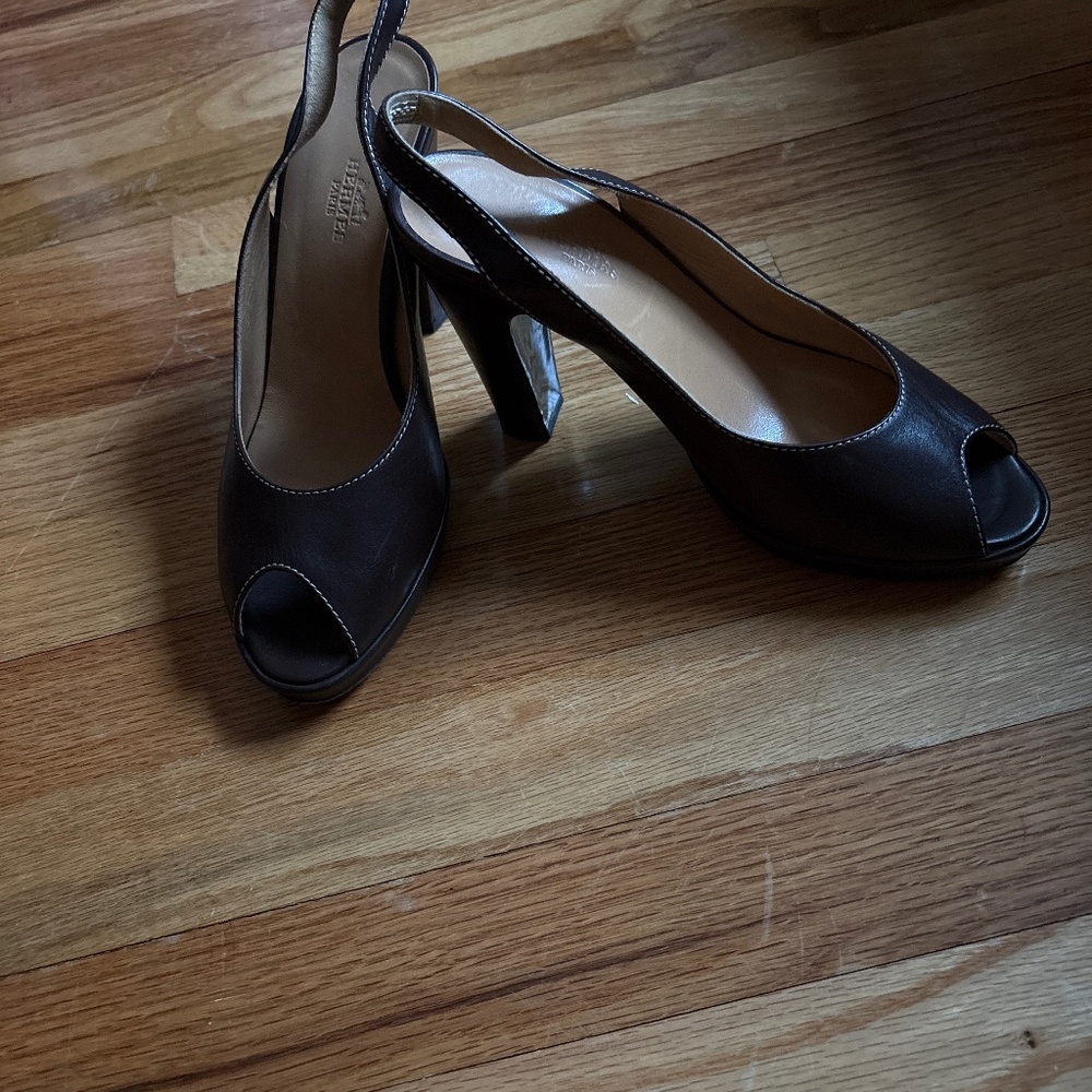 Hermes Brown Leather Slingback Sandals